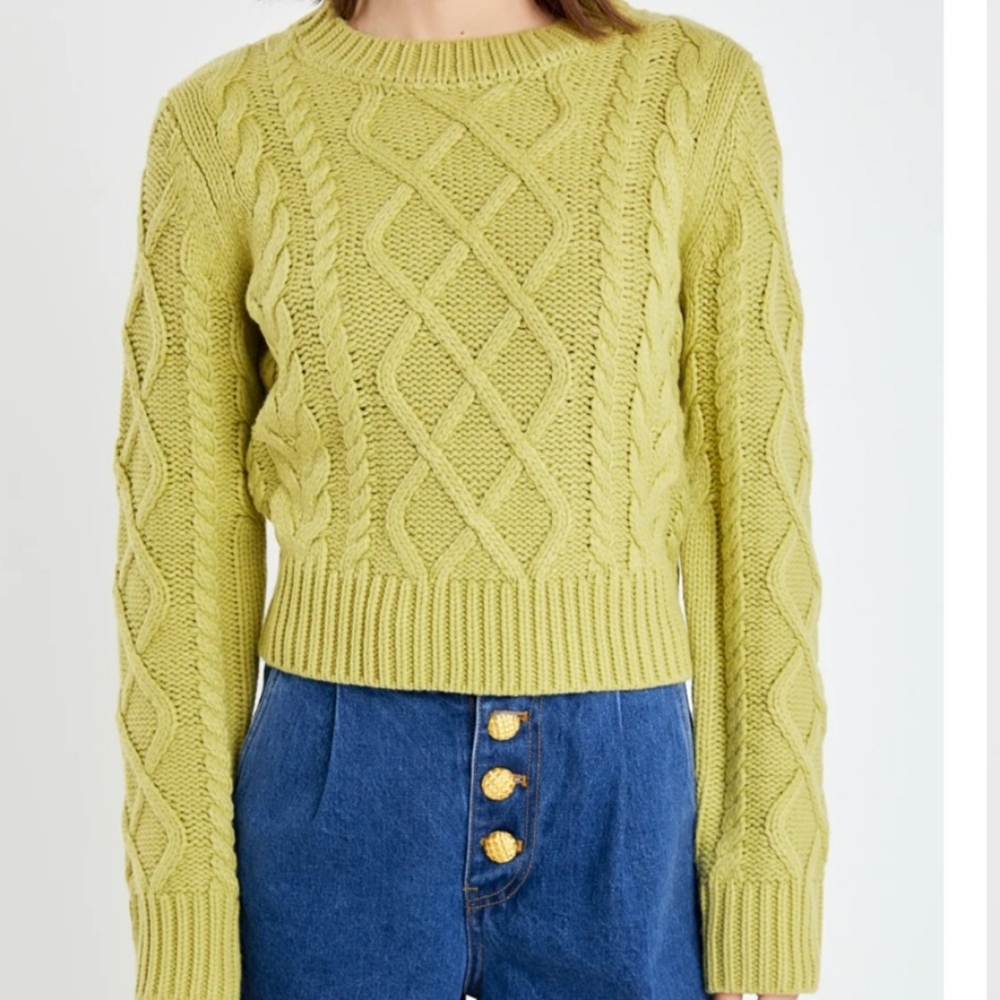 English Factory Cable Knit Sweater in Pistachio Light Green